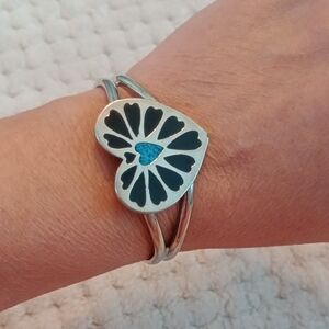 Silver Heart Bracelet with Black Accents